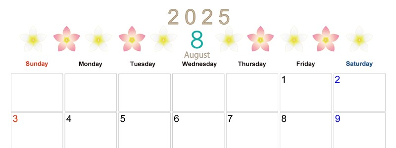 2025年8月横型の日曜始まり プルメリアがかわいいイラストA4無料カレンダー