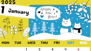 2025年1月縦型の月曜始まり ポップな雪イラストのかわいいA4無料カレンダー