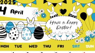 2025年4月縦型の月曜始まり イースターエッグイラストのかわいいA4無料カレンダー