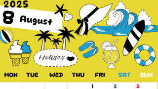 2025年8月縦型の月曜始まり 海岸イラストのかわいいA4無料カレンダー