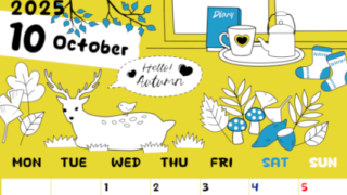 2025年10月縦型の月曜始まり 鹿のイラストがかわいいA4無料カレンダー