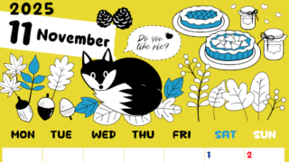 2025年11月縦型の月曜始まり アップルパイのイラストがかわいいA4無料カレンダー