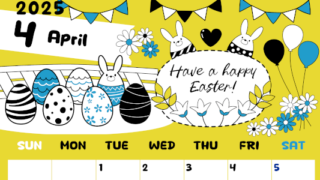 2025年4月縦型の日曜始まり イースターエッグイラストのかわいいA4無料カレンダー