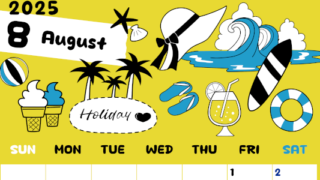 2025年8月縦型の日曜始まり 海岸イラストのかわいいA4無料カレンダー