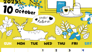 2025年10月縦型の日曜始まり 鹿のイラストがかわいいA4無料カレンダー