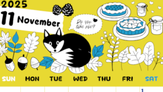 2025年11月縦型の日曜始まり アップルパイのイラストがかわいいA4無料カレンダー