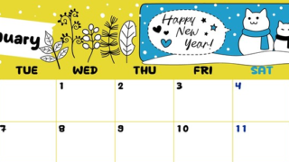 2025年1月横型の月曜始まり 雪と猫イラストのかわいいA4無料カレンダー