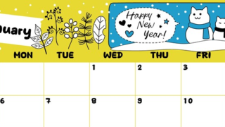 2025年1月横型の日曜始まり 雪だるま猫イラストのかわいいA4無料カレンダー