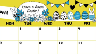 2025年4月横型の日曜始まり イースターエッグイラストのかわいいA4無料カレンダー