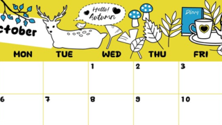 2025年10月横型の日曜始まり 鹿のイラストがかわいいA4無料カレンダー