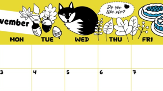 2025年11月横型の日曜始まり アップルパイのイラストがかわいいA4無料カレンダー