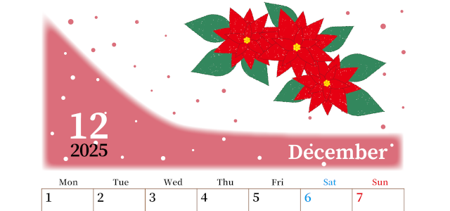 2025年12月縦型の月曜始まり ポインセチアがおしゃれなイラストA4無料カレンダー