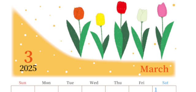 2025年3月縦型の日曜始まり チューリップイラストのおしゃれA4無料カレンダー
