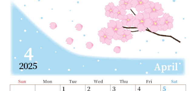 2025年4月縦型の日曜始まり 春のイラストのおしゃれA4無料カレンダー
