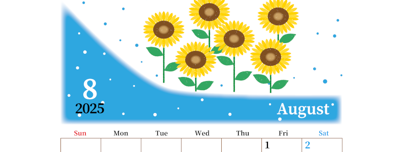 2025年8月縦型の日曜始まり 季節の花イラストのおしゃれA4無料カレンダー