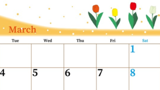 2025年3月横型の月曜始まり チューリップイラストのおしゃれA4無料カレンダー