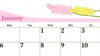 2025年1月横型の日曜始まり ピンクの花イラストのおしゃれA4無料カレンダー