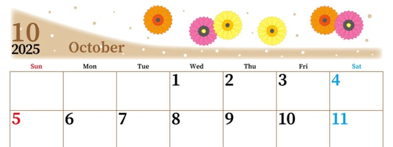2025年10月横型の日曜始まり ダリアの花イラストのおしゃれA4無料カレンダー｜素材デザイン王
