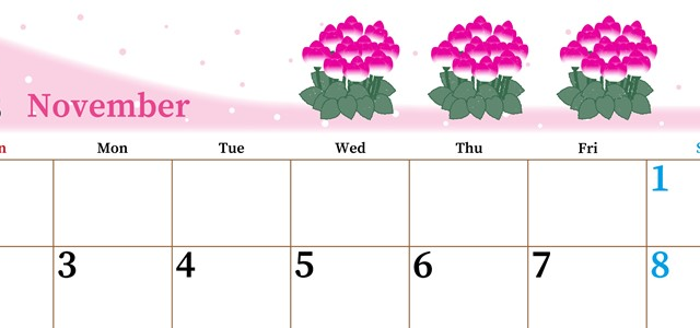 2025年11月横型の日曜始まり シクラメンがおしゃれなイラストA4無料カレンダー