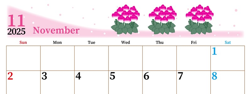 2025年11月横型の日曜始まり シクラメンがおしゃれなイラストA4無料カレンダー