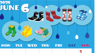 2025年6月縦型の月曜始まり 長靴イラストのかわいいA4無料カレンダー