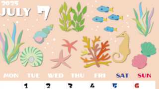 2025年7月縦型の月曜始まり 海の生き物イラストがかわいいA4無料カレンダー