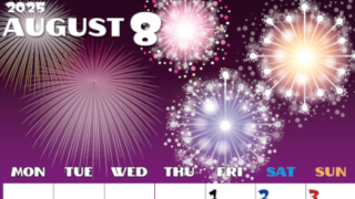 2025年8月縦型の月曜始まり 風物詩イラストのかわいいA4無料カレンダー