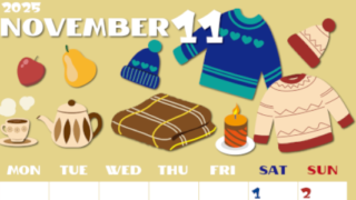 2025年11月縦型の月曜始まり セーターがかわいいイラストA4無料カレンダー