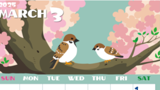 2025年3月縦型の日曜始まり 桜と雀のイラストのかわいいA4無料カレンダー