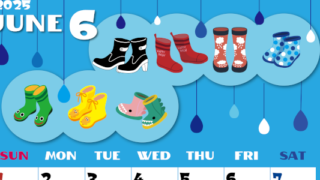 2025年6月縦型の日曜始まり 長靴イラストのかわいいA4無料カレンダー