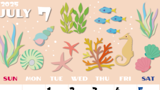 2025年7月縦型の日曜始まり 海の生き物イラストがかわいいA4無料カレンダー