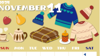 2025年11月縦型の日曜始まり セーターがかわいいイラストA4無料カレンダー