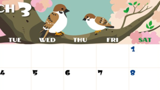 2025年3月横型の月曜始まり 桜と雀のイラストのかわいいA4無料カレンダー