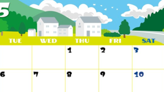 2025年5月横型の月曜始まり 村のイラストのかわいいA4無料カレンダー