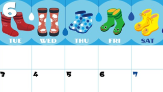 2025年6月横型の月曜始まり 長靴イラストのかわいいA4無料カレンダー