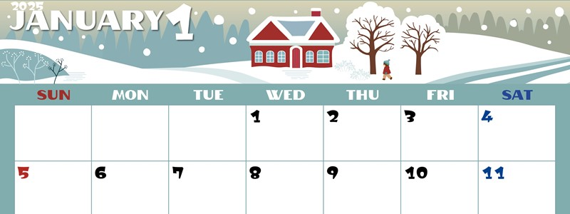 2025年1月横型の日曜始まり 北欧調なイラストのかわいいA4無料カレンダー
