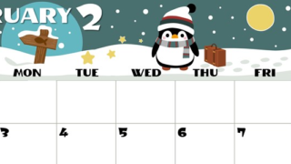 2025年2月横型の日曜始まり ペンギンのイラストがかわいいA4無料カレンダー