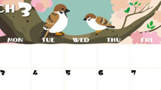 2025年3月横型の日曜始まり 桜と雀のイラストのかわいいA4無料カレンダー