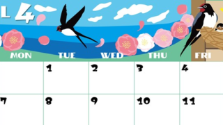 2025年4月横型の日曜始まり ツバメのイラストがかわいいA4無料カレンダー