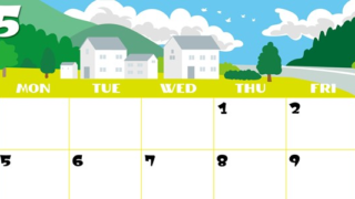 2025年5月横型の日曜始まり 村のイラストのかわいいA4無料カレンダー