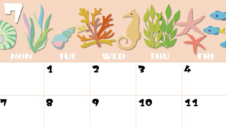 2025年7月横型の日曜始まり 海の生き物イラストがかわいいA4無料カレンダー