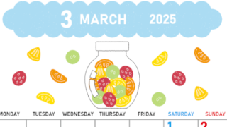 2025年3月縦型の月曜始まり 果物イラストのかわいいA4無料カレンダー