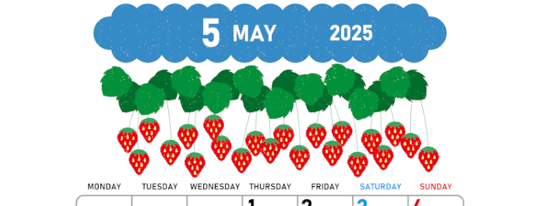 2025年5月縦型の月曜始まり いちごイラストのかわいいA4無料カレンダー