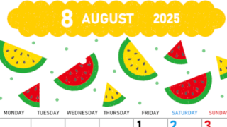 2025年8月縦型の月曜始まり 季節の果物イラストのかわいいA4無料カレンダー