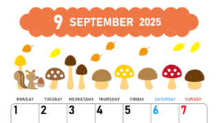 2025年9月縦型の月曜始まり 秋の季節イラストがかわいいA4無料カレンダー