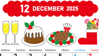 2025年12月縦型の月曜始まり 御馳走イラストのかわいいA4無料カレンダー