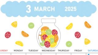 2025年3月縦型の日曜始まり 果物イラストのかわいいA4無料カレンダー