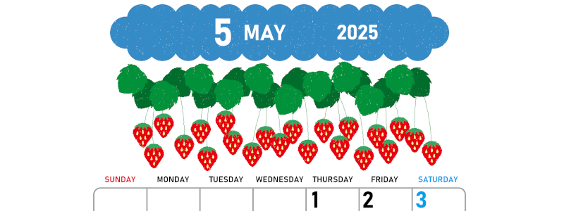 2025年5月縦型の日曜始まり いちごイラストのかわいいA4無料カレンダー