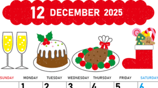 2025年12月縦型の日曜始まり 御馳走イラストのかわいいA4無料カレンダー