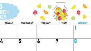 2025年3月横型の月曜始まり 果物イラストのかわいいA4無料カレンダー